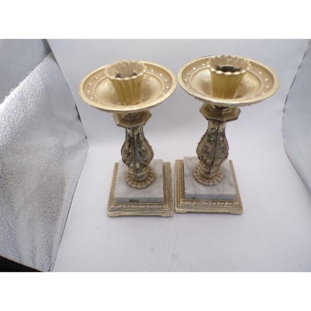 Vintage Italian Marble Base Ornate‎ Gold Tone Metal Candlestick Pair 8.5 Inch